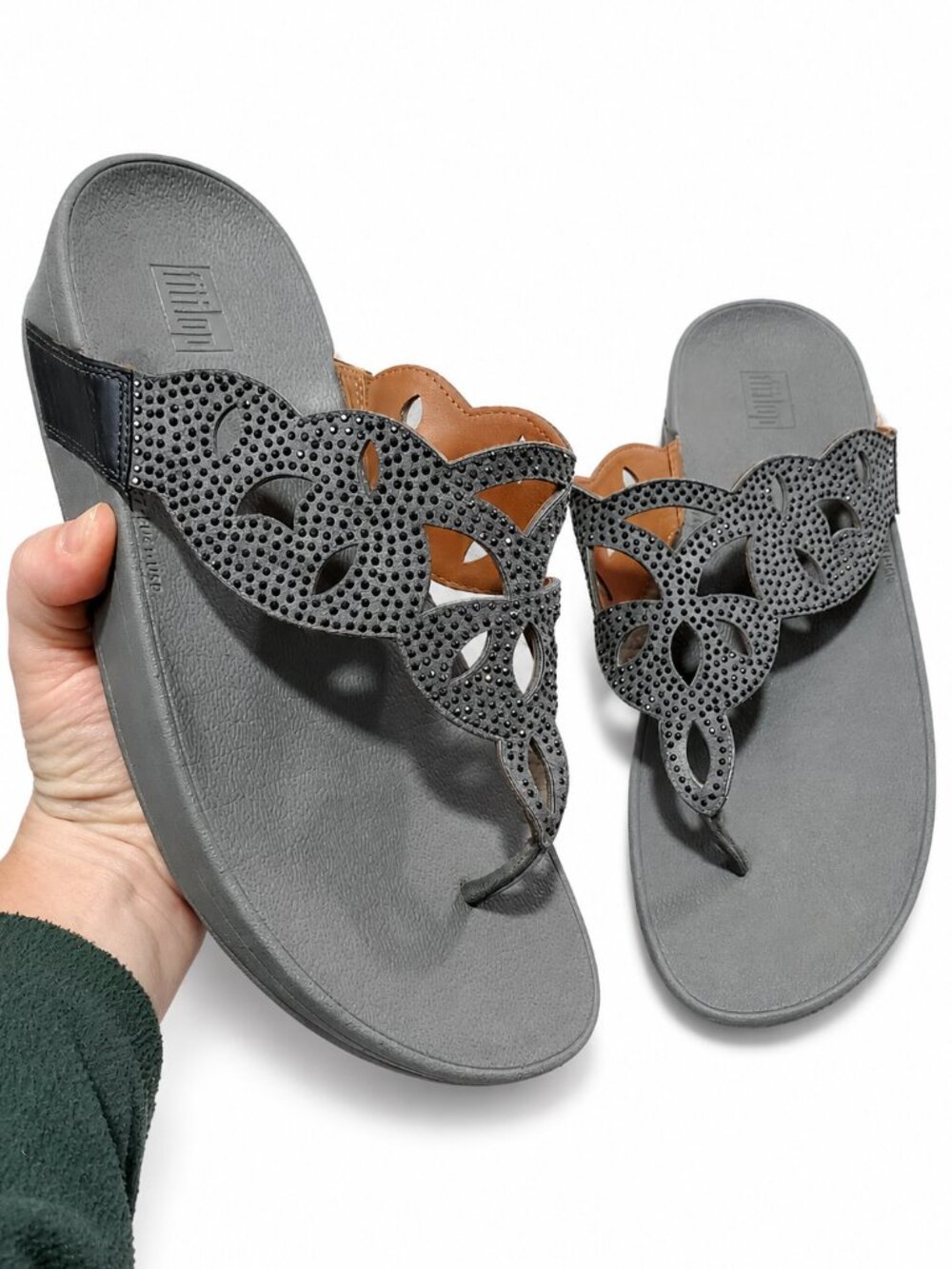 FITFLOP Elora Crystal Sandals Grey Size 9 Jewels Comfort Wedge Flip Flop Thong